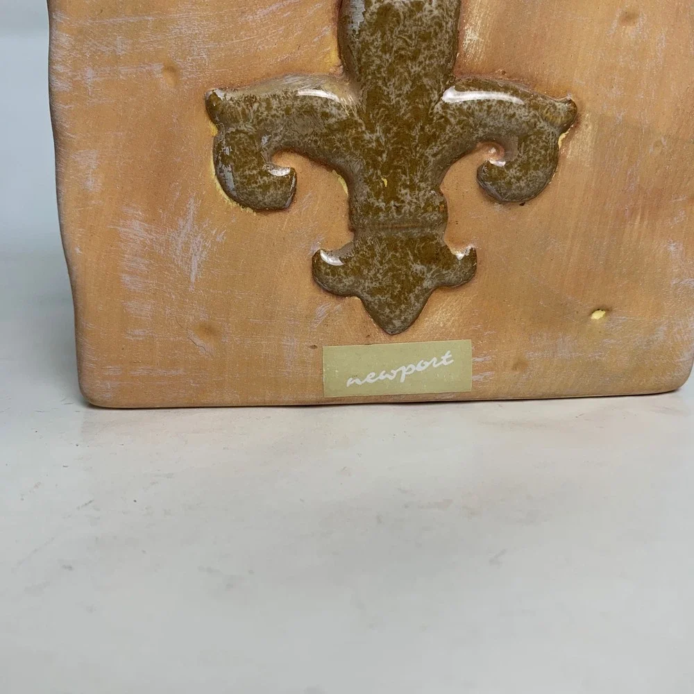 Newport Tissue Box Cover Fleur De Lis Terracotta Brown Ceramic Heavy EUC